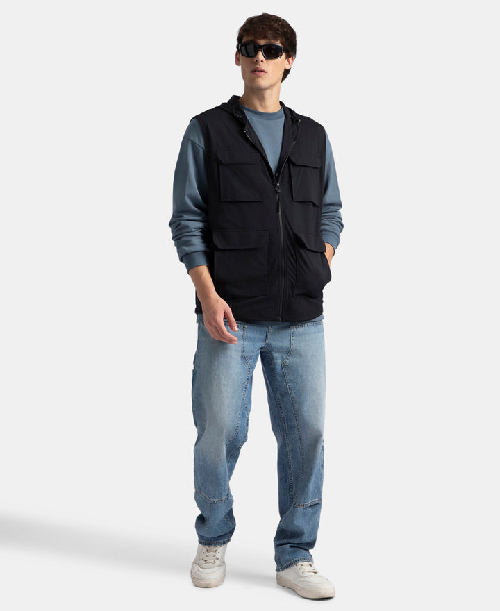 Microfiber Fabric 6 Pocket Full Zip Closure Hoodie Gilet - Black