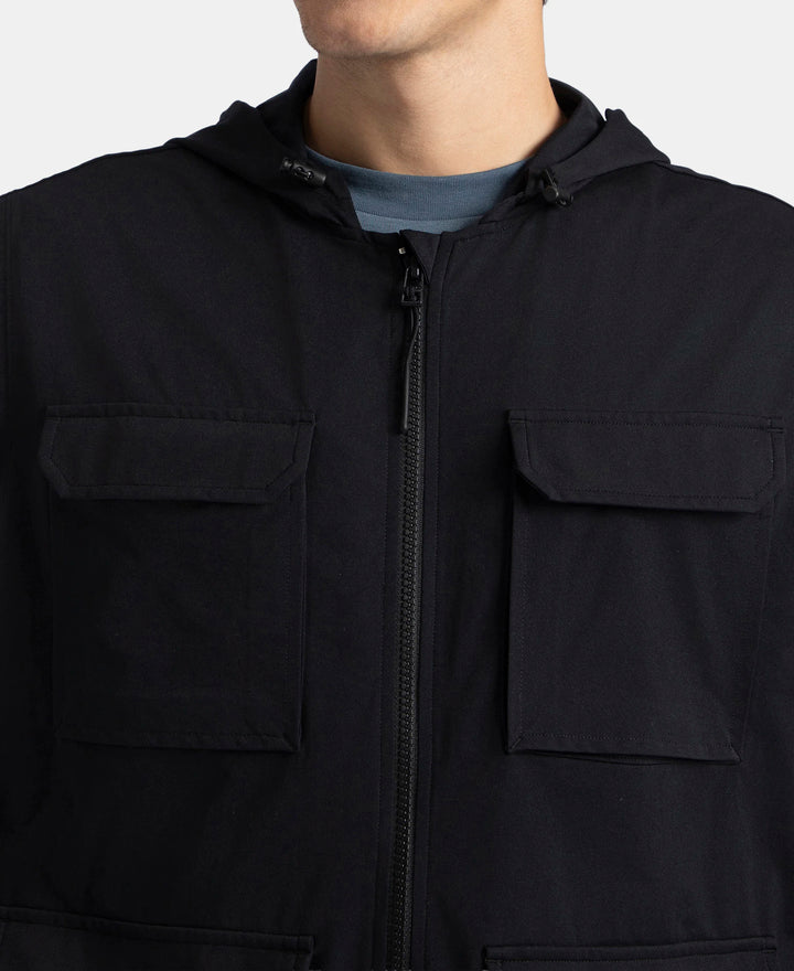 Microfiber Fabric 6 Pocket Full Zip Closure Hoodie Gilet - Black