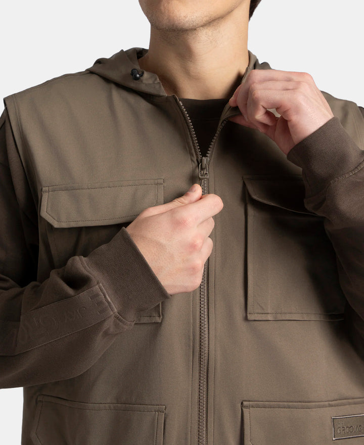 Microfiber Fabric 6 Pocket Full Zip Closure Hoodie Gilet - Green