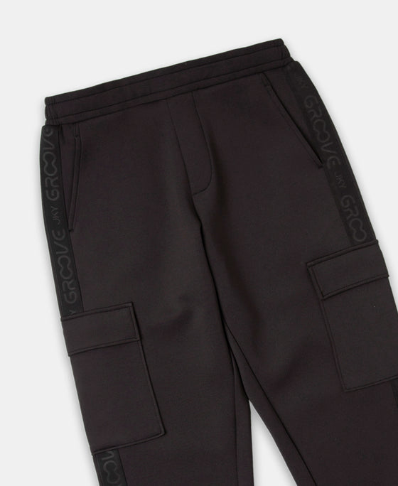 Microfiber Cotton Blend Elastane Stretch Fabric Regular Fit Cargo Joggers - Black