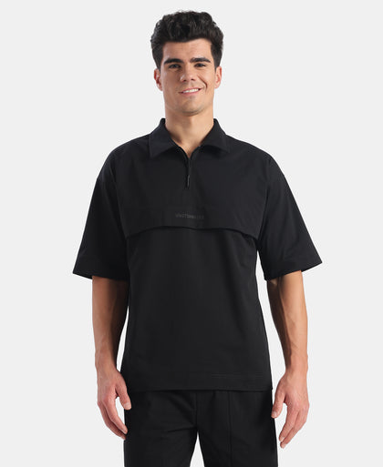 Microfiber Fabric Oversized Graphic Printed Polo T-Shirt - Black