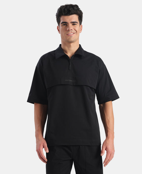Microfiber Fabric Overzied Graphic Printed Polo T-Shirt - Black