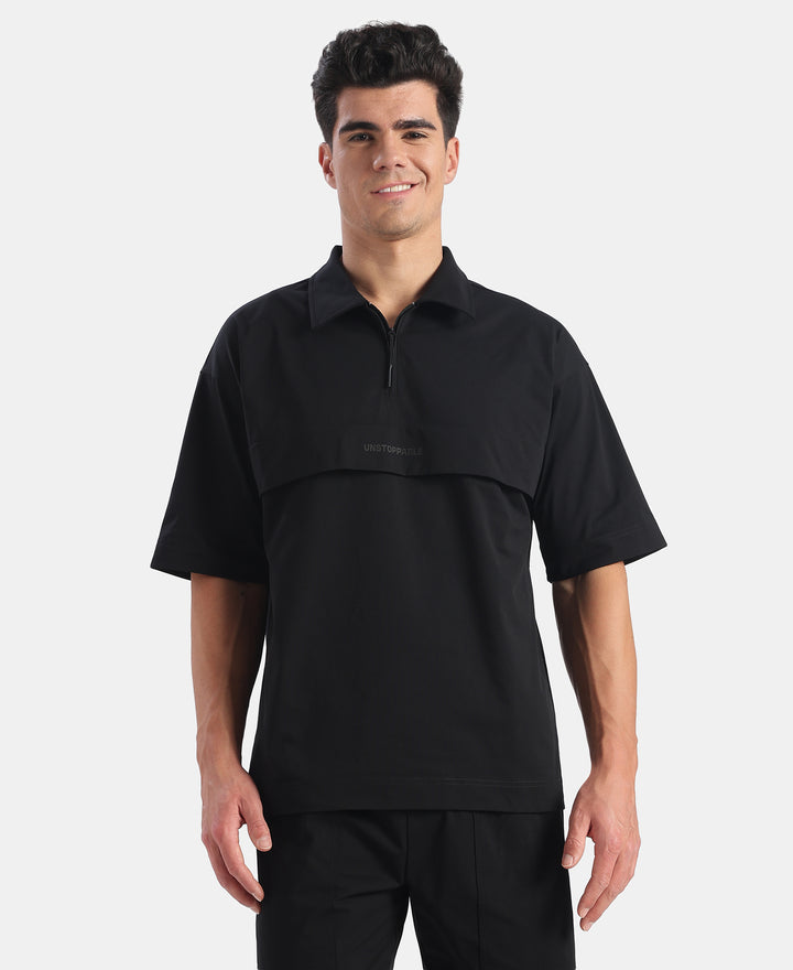 Microfiber Fabric Overzied Graphic Printed Polo T-Shirt - Black