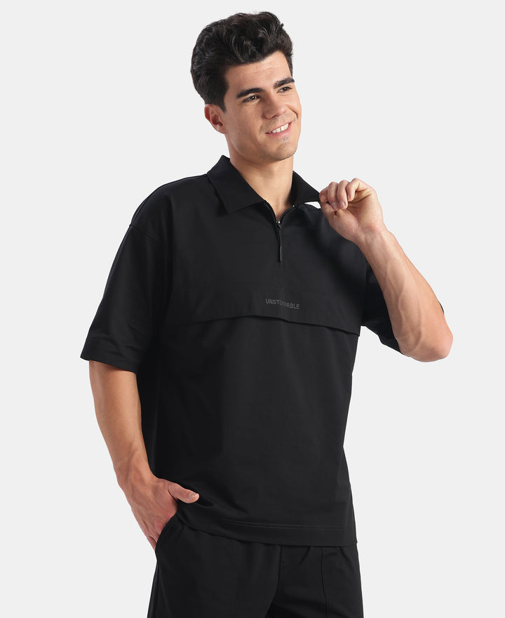 Microfiber Fabric Overzied Graphic Printed Polo T-Shirt - Black