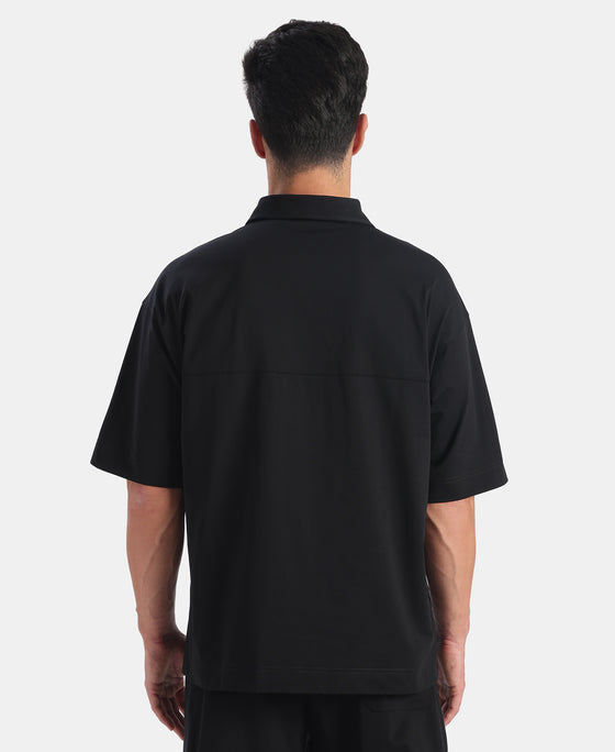 Microfiber Fabric Overzied Graphic Printed Polo T-Shirt - Black