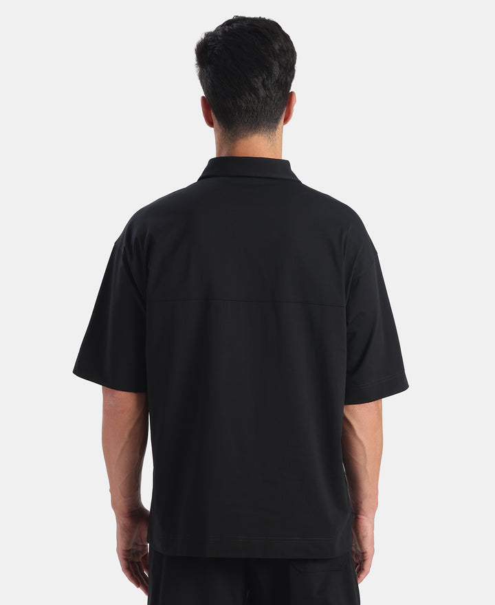 Microfiber Fabric Overzied Graphic Printed Polo T-Shirt - Black