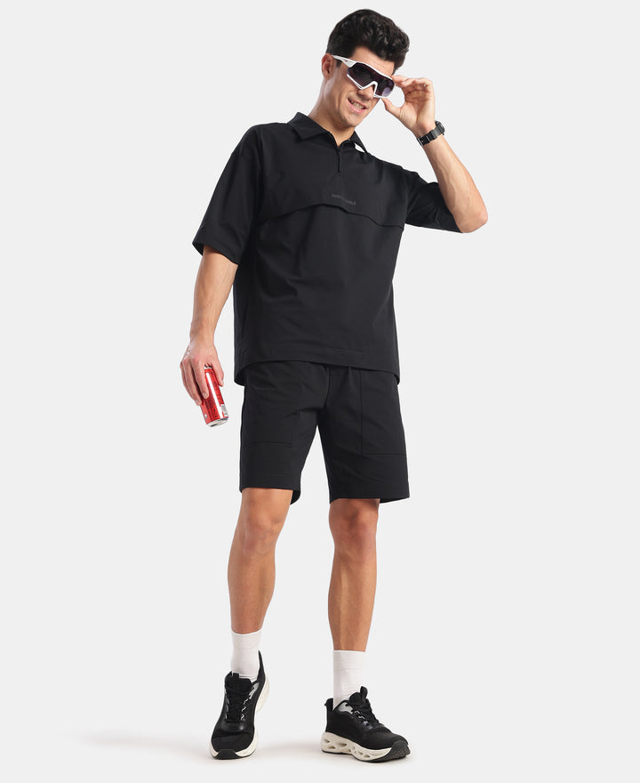 Microfiber Fabric Overzied Graphic Printed Polo T-Shirt - Black