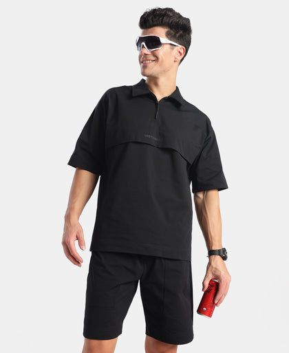 Microfiber Fabric Overzied Graphic Printed Polo T-Shirt - Black