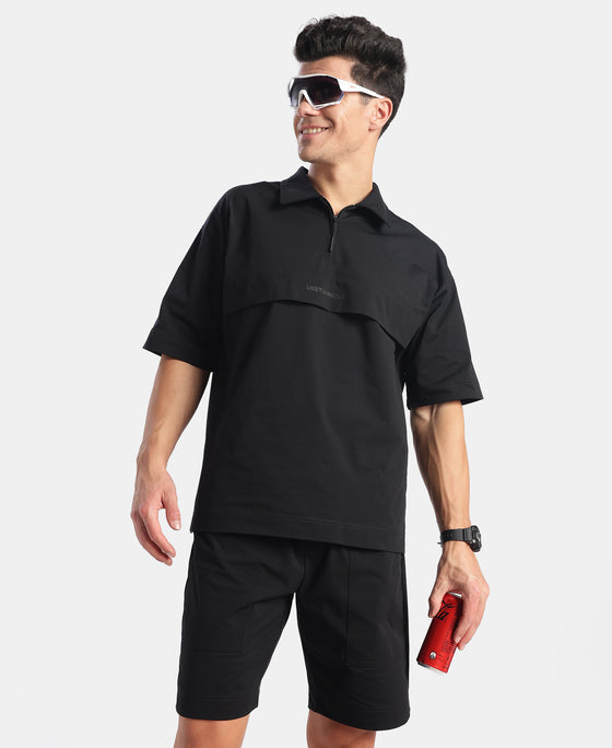 Microfiber Fabric Overzied Graphic Printed Polo T-Shirt - Black