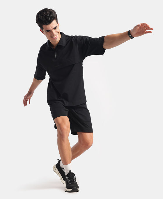 Microfiber Fabric Overzied Graphic Printed Polo T-Shirt - Black