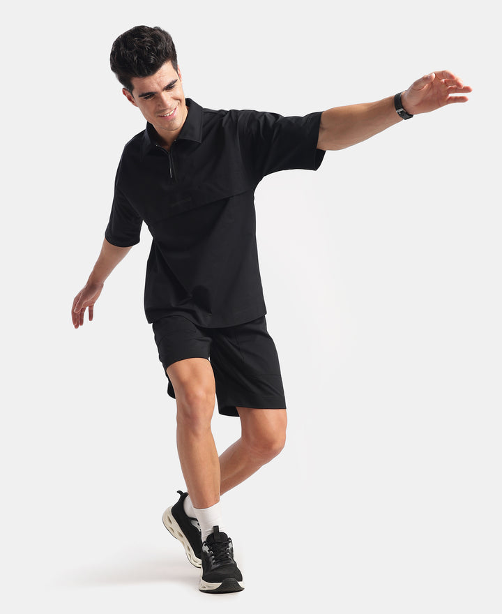 Microfiber Fabric Overzied Graphic Printed Polo T-Shirt - Black