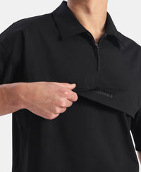 Microfiber Fabric Overzied Graphic Printed Polo T-Shirt - Black