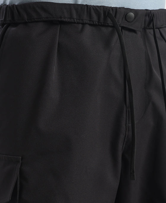 Microfiber Fabric Oversized Cargo Utility Pants with Inner Drawstrings - Black