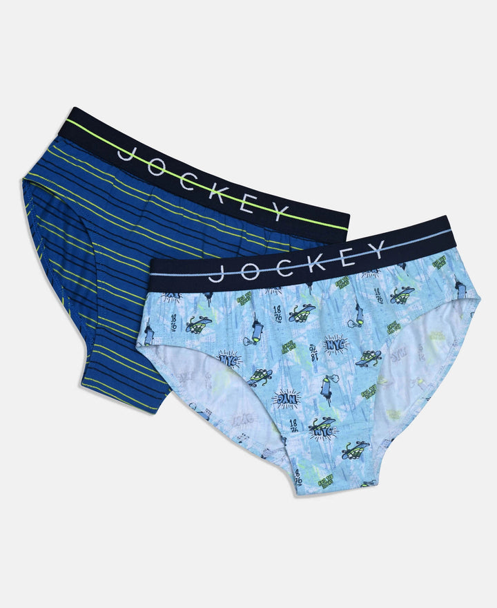 Super Combed Cotton Elastane Stretch Printed Brief with Ultrasoft Waistband - Ensign Blue & White (Pack of 2)