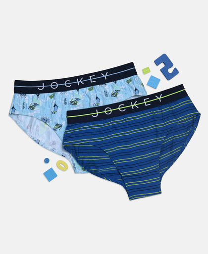 Super Combed Cotton Elastane Stretch Printed Brief with Ultrasoft Waistband - Ensign Blue & White (Pack of 2)