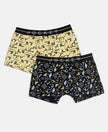 Super Combed Cotton Elastane Stretch Printed Trunk with Front Open Fly and Ultrasoft Waistband - Black & Mellow Yellow (Pack of 2)