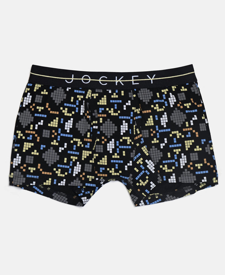 Super Combed Cotton Elastane Stretch Printed Trunk with Front Open Fly and Ultrasoft Waistband - Black & Mellow Yellow (Pack of 2)