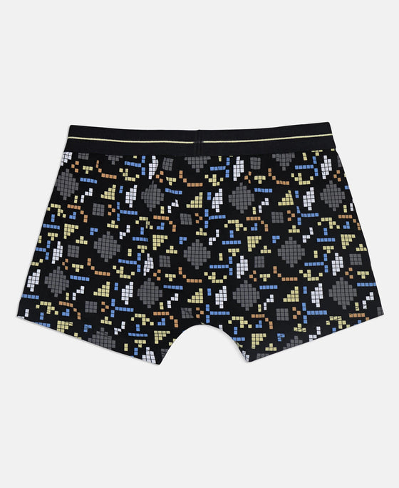 Super Combed Cotton Elastane Stretch Printed Trunk with Front Open Fly and Ultrasoft Waistband - Black & Mellow Yellow (Pack of 2)