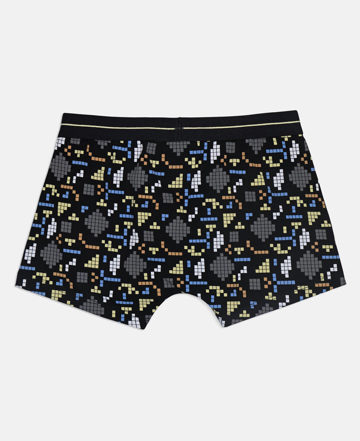 Super Combed Cotton Elastane Stretch Printed Trunk with Front Open Fly and Ultrasoft Waistband - Black & Mellow Yellow (Pack of 2)