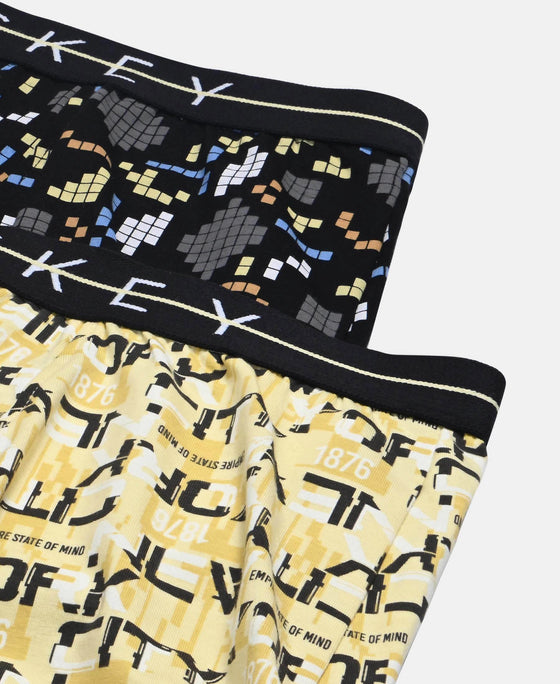 Super Combed Cotton Elastane Stretch Printed Trunk with Front Open Fly and Ultrasoft Waistband - Black & Mellow Yellow (Pack of 2)