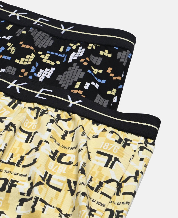 Super Combed Cotton Elastane Stretch Printed Trunk with Front Open Fly and Ultrasoft Waistband - Black & Mellow Yellow (Pack of 2)