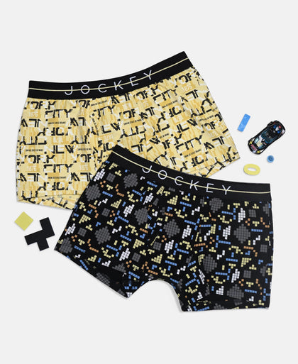 Super Combed Cotton Elastane Stretch Printed Trunk with Front Open Fly and Ultrasoft Waistband - Black & Mellow Yellow (Pack of 2)