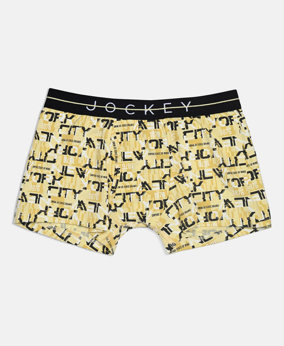 Super Combed Cotton Elastane Stretch Printed Trunk with Front Open Fly and Ultrasoft Waistband - Black & Mellow Yellow (Pack of 2)