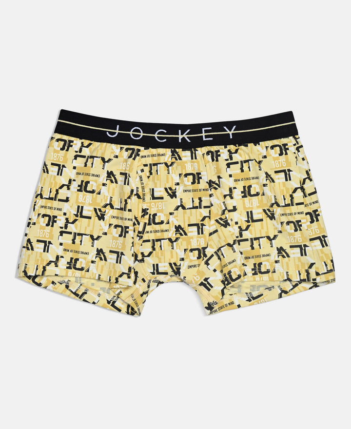 Super Combed Cotton Elastane Stretch Printed Trunk with Front Open Fly and Ultrasoft Waistband - Black & Mellow Yellow (Pack of 2)