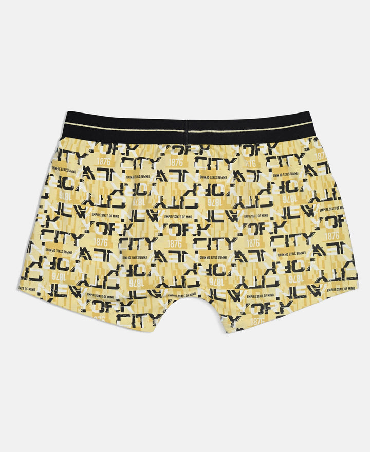 Super Combed Cotton Elastane Stretch Printed Trunk with Front Open Fly and Ultrasoft Waistband - Black & Mellow Yellow (Pack of 2)