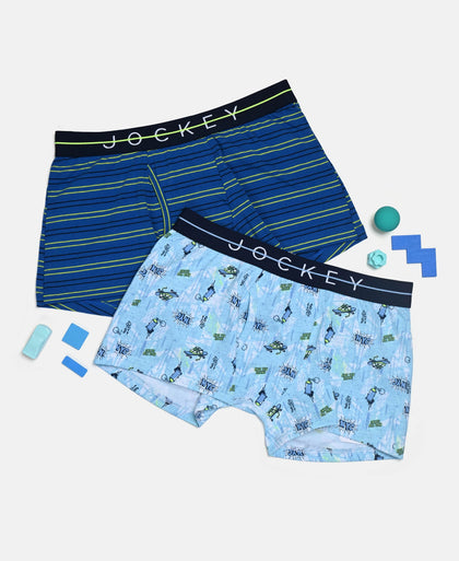 Super Combed Cotton Elastane Stretch Printed Trunk with Front Open Fly and Ultrasoft Waistband - Ensign Blue & White (Pack of 2)