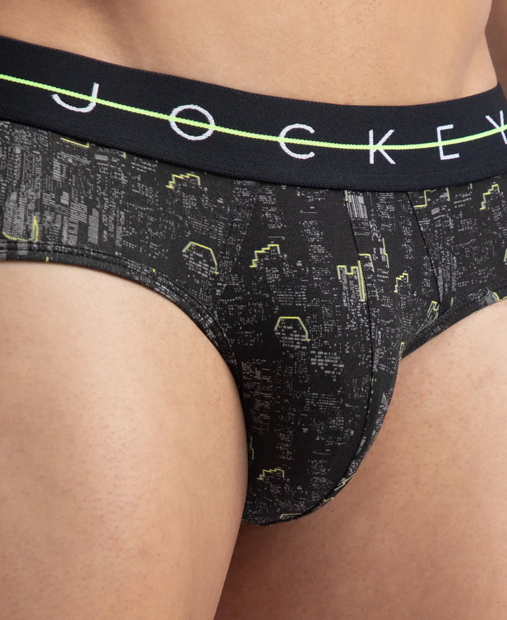 Super Combed Cotton Elastane Stretch Printed Brief with Ultrasoft Waistband - White