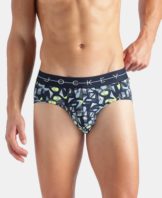 Super Combed Cotton Elastane Stretch Printed Brief with Ultrasoft Waistband - Navy, White & Dusk Blue
