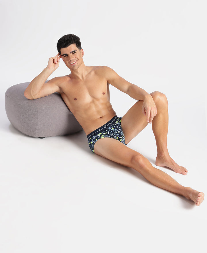Super Combed Cotton Elastane Stretch Printed Brief with Ultrasoft Waistband - Navy, White & Dusk Blue