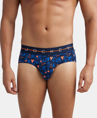 Super Combed Cotton Elastane Printed Brief with Ultrasoft Waistband - Navy & Orange