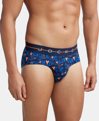 Super Combed Cotton Elastane Printed Brief with Ultrasoft Waistband - Navy & Orange
