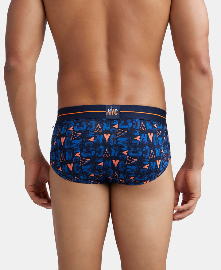 Super Combed Cotton Elastane Printed Brief with Ultrasoft Waistband - Navy & Orange