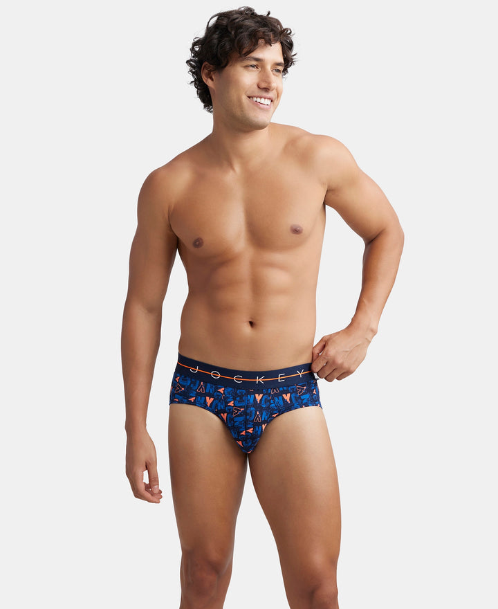 Super Combed Cotton Elastane Printed Brief with Ultrasoft Waistband - Navy & Orange