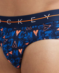 Super Combed Cotton Elastane Printed Brief with Ultrasoft Waistband - Navy & Orange