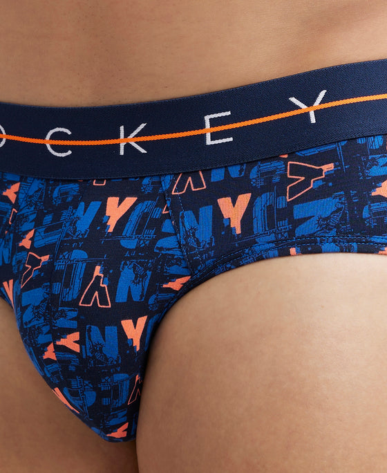 Super Combed Cotton Elastane Printed Brief with Ultrasoft Waistband - Navy & Orange