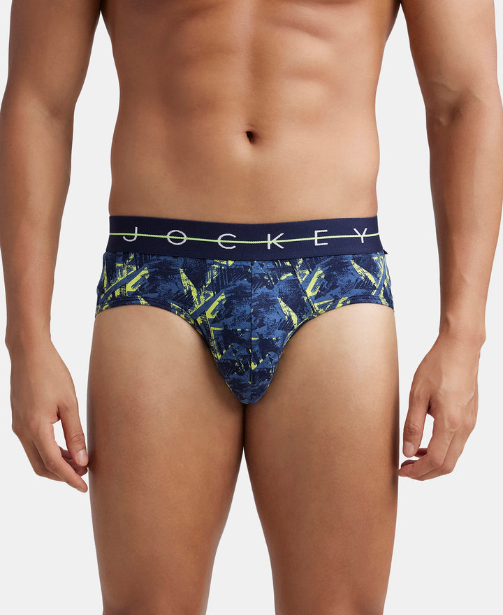 Super Combed Cotton Elastane Printed Brief with Ultrasoft Waistband - Navy & Neon