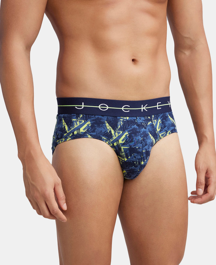 Super Combed Cotton Elastane Printed Brief with Ultrasoft Waistband - Navy & Neon