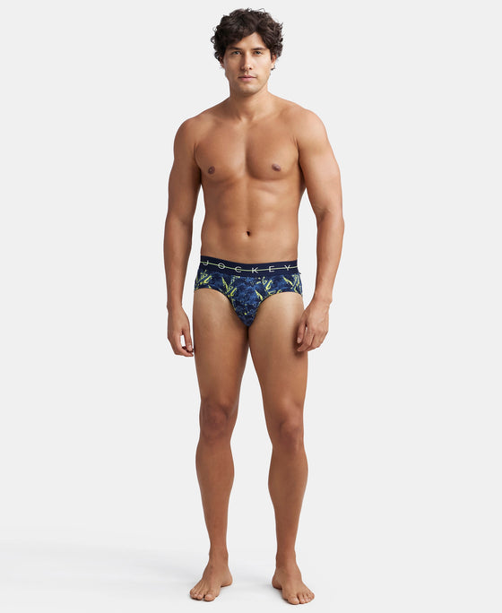 Super Combed Cotton Elastane Printed Brief with Ultrasoft Waistband - Navy & Neon