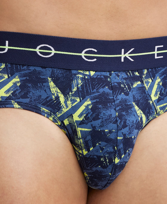 Super Combed Cotton Elastane Printed Brief with Ultrasoft Waistband - Navy & Neon