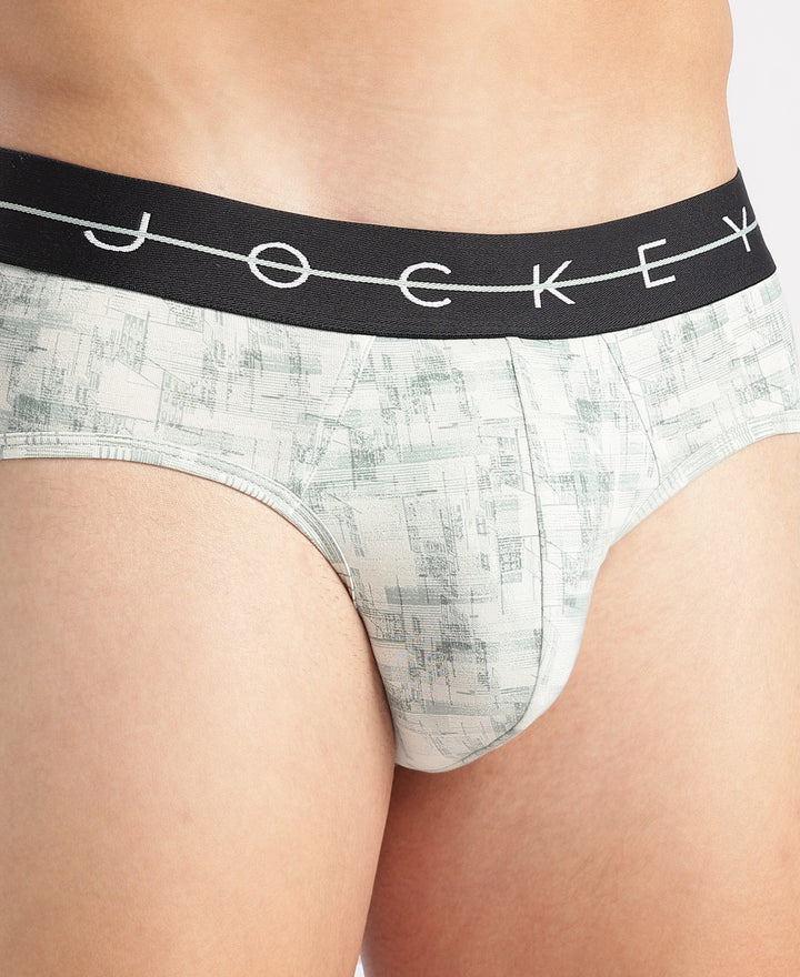 Super Combed Cotton Elastane Stretch Printed Brief with Ultrasoft Waistband - White, Black & Jadeite