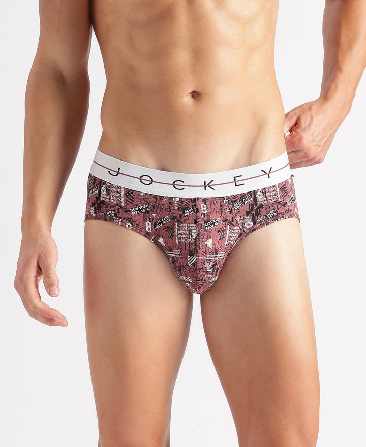 Super Combed Cotton Elastane Stretch Printed Brief with Ultrasoft Waistband - White, Black & Roan Rouge