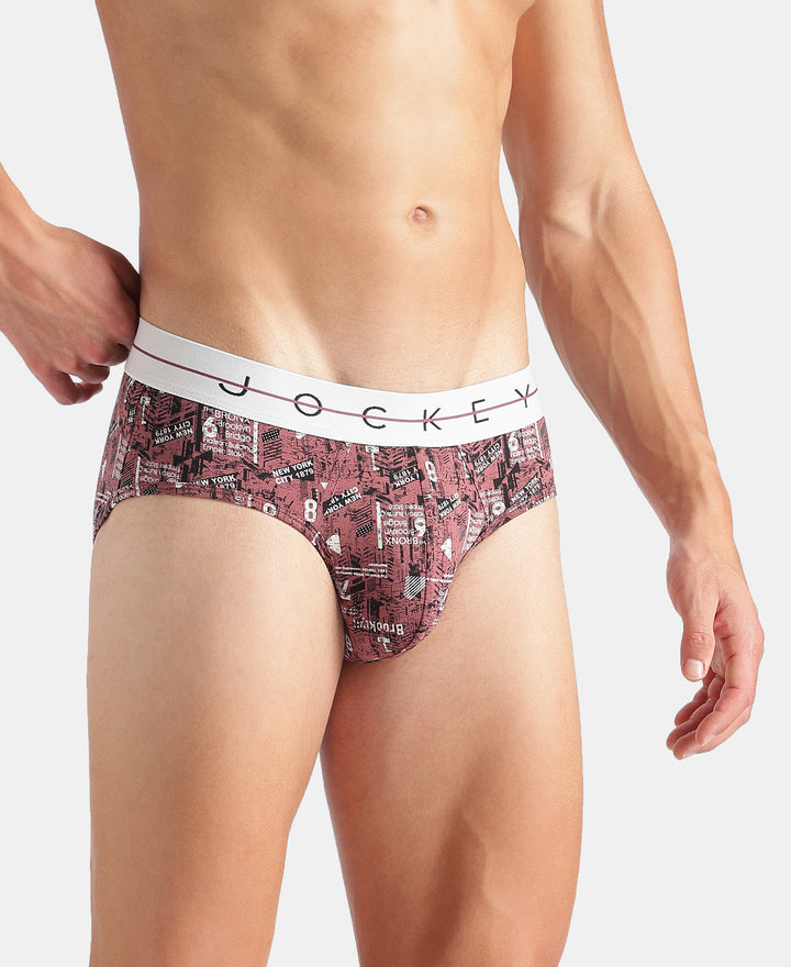 Super Combed Cotton Elastane Stretch Printed Brief with Ultrasoft Waistband - White, Black & Roan Rouge