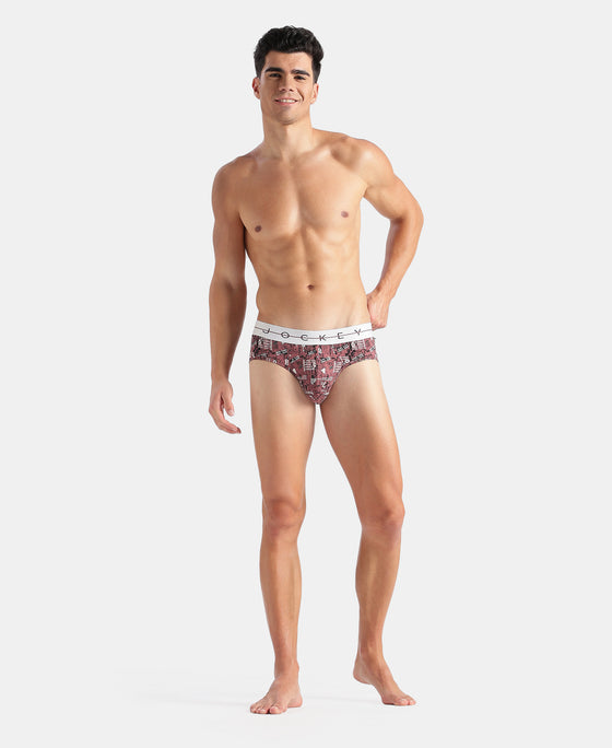 Super Combed Cotton Elastane Stretch Printed Brief with Ultrasoft Waistband - White, Black & Roan Rouge