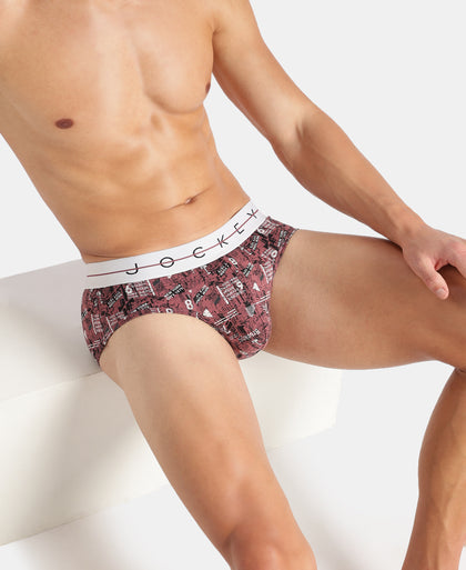 Super Combed Cotton Elastane Stretch Printed Brief with Ultrasoft Waistband - White, Black & Roan Rouge