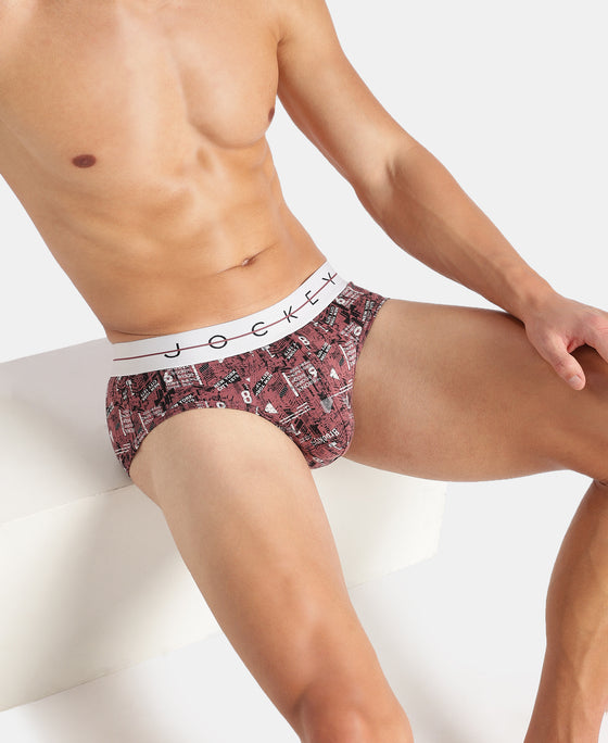 Super Combed Cotton Elastane Stretch Printed Brief with Ultrasoft Waistband - White, Black & Roan Rouge