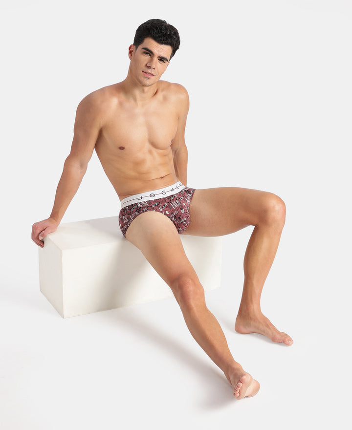 Super Combed Cotton Elastane Stretch Printed Brief with Ultrasoft Waistband - White, Black & Roan Rouge